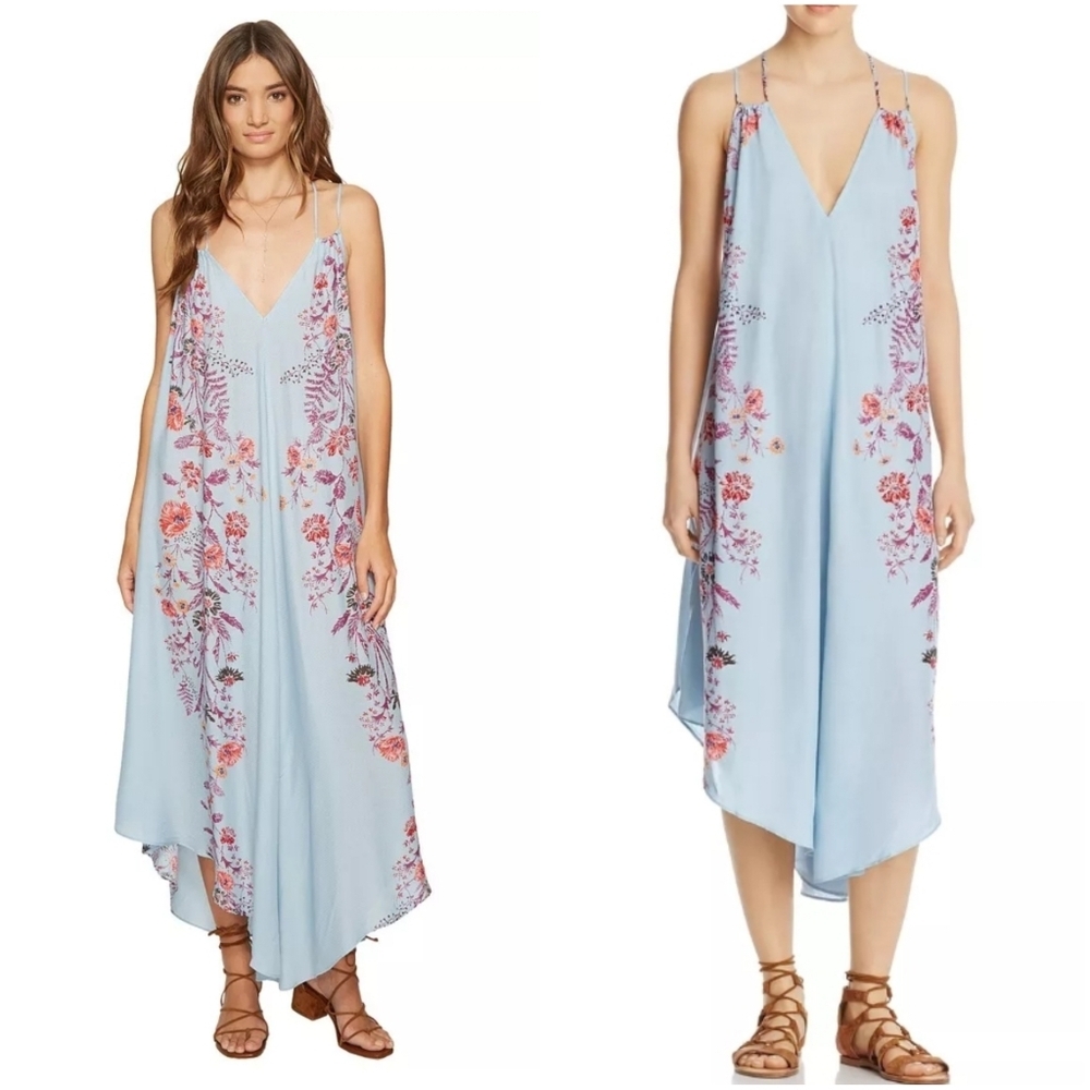 Free People Ashbury Blue Floral Print Midi Sun Slip Dress Medium Sundress